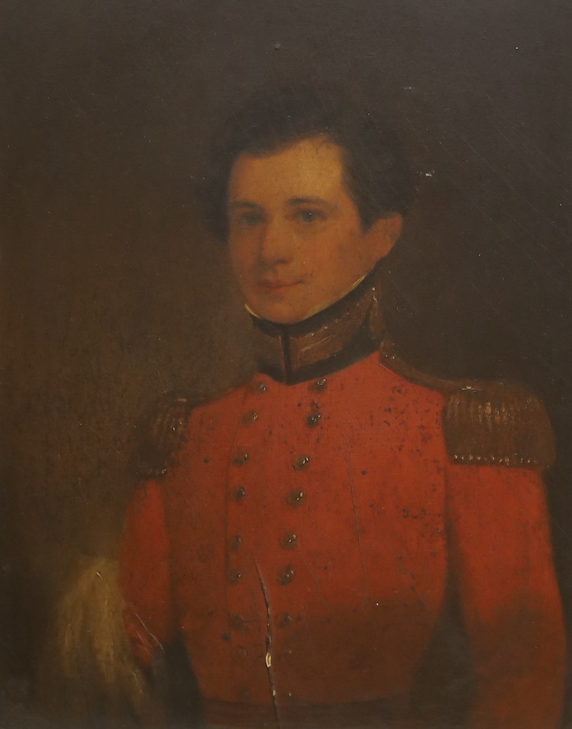 English school, 19th century, oil on board, portrait of a Young army officer, indistinctly inscribed verso Wallace, 23.5 x 18.5cm